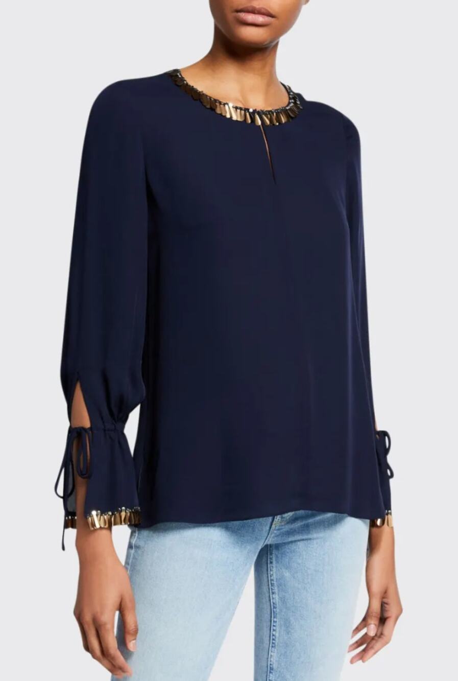 KOBI HALPERIN Navy Juliette Gold Embellished Silk Georgette Blouse Medium